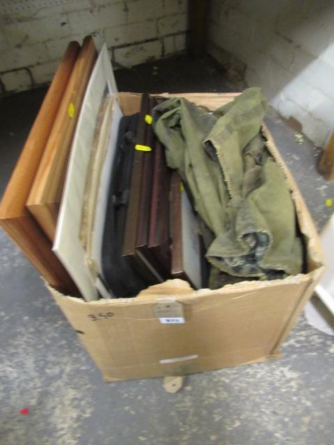 BOX OF MISCELLANEOUS INCLUDING PICTURES AND A BARBOUR WAX JACKET Image