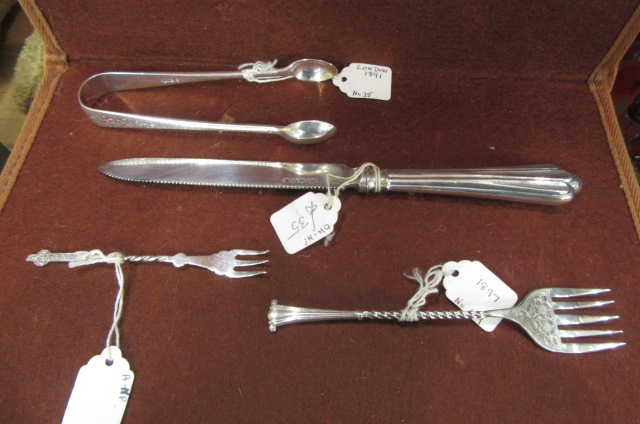 PAIR OF SILVER SUGAR TONGS  TWO PICKLE FORKS AND A BREAD KNIFE Image