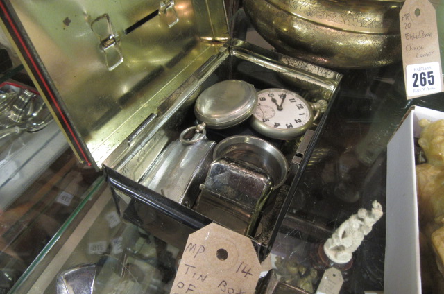 TIN OF COLLECTABLES INCLUDING INCLUDING WATCH AND COMPASS Image