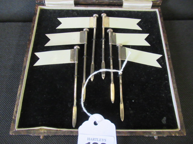 CASED SET OF SIX SILVER AND IVORINE SANDWICH FLAGS Image