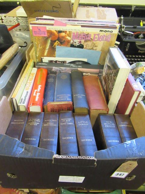 BOX OF BOOKS INCLUDING DICKENS AND LP RECORDS Image