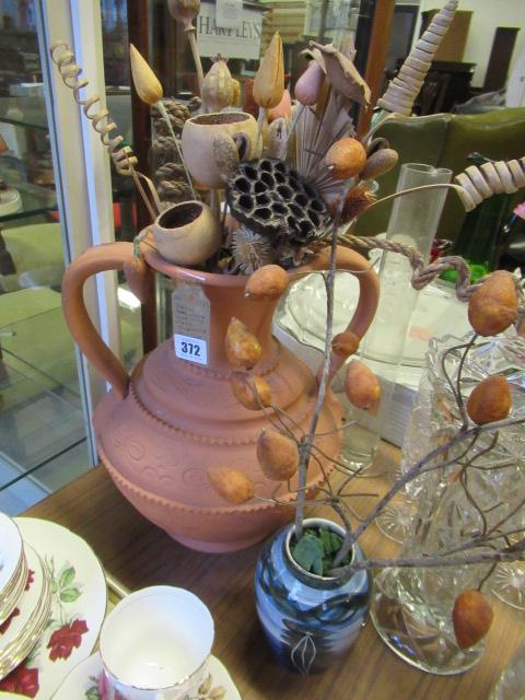LARGE TERRACOTTA VASE WITH FAUX FLOWERS AND ANOTHER Image