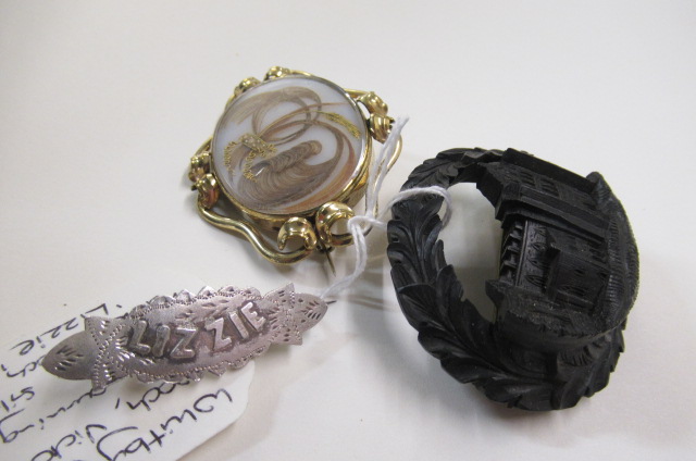WHITBY JET BROOCH   VICTORIAN HAIR MOURNING BROOCH AND SILVER NAME BROOCH "LIZZIE" Image