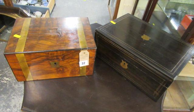 WALNUT BRASS BANDED WRITING SLOPE AND AN EBONY WRITING SLOPE Image