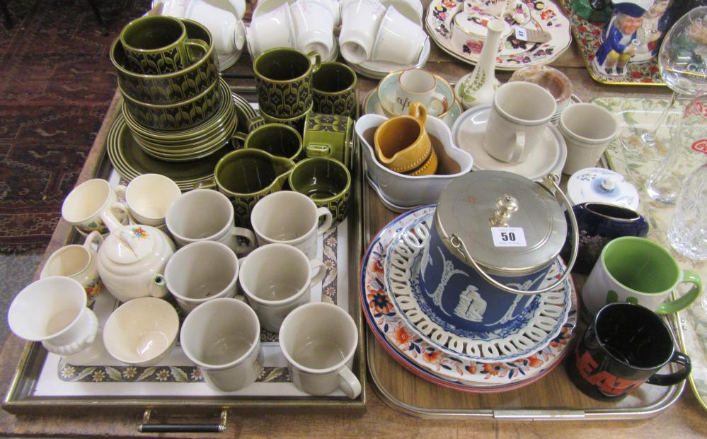 TWO TRAYS PART HORNSEA TEA SET   BLUE AND WHITE JASPER WARE BISCUIT BARREL  IRONSTONE CHINA PLATES Image