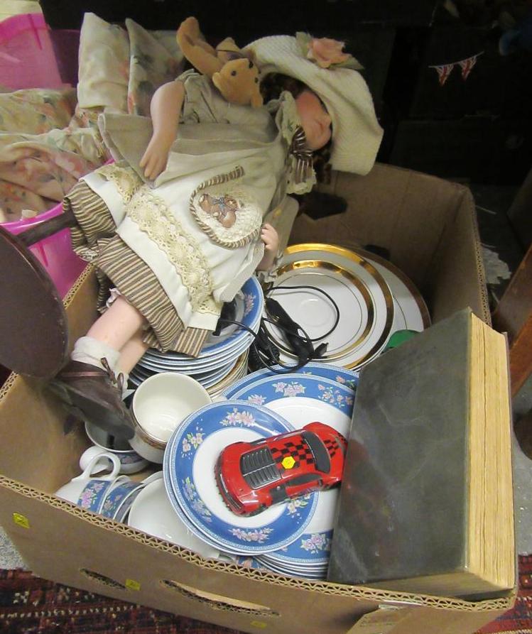 BOX OF MISCELLANEOUS ITEMS INCLUDING BLUE AND WHITE DINNER WARE    MODERN DOLL ETC Image
