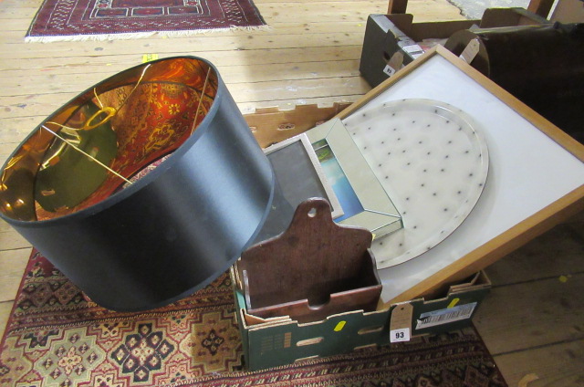 BOX OF MISCELLANEOUS ITEMS INCLUDING MAHOGANY LETTER RACK  PICTURE FRAME  LAMP SHADE ETC Image