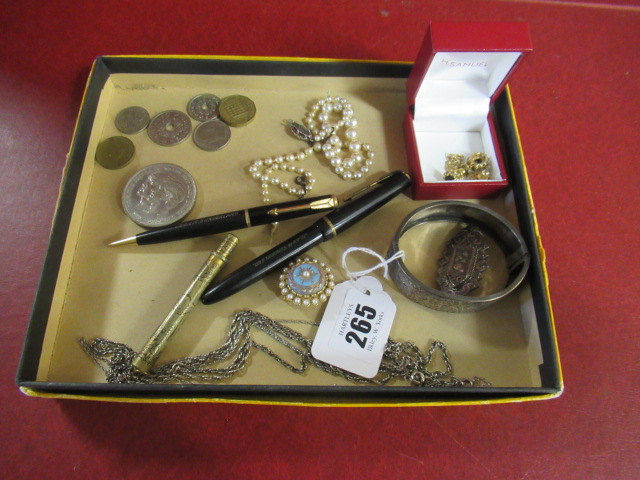 SILVER BANGLE AND BROOCH WITH FIVE SILVER CHAINS AND COSTUME JEWELLERY ETC Image