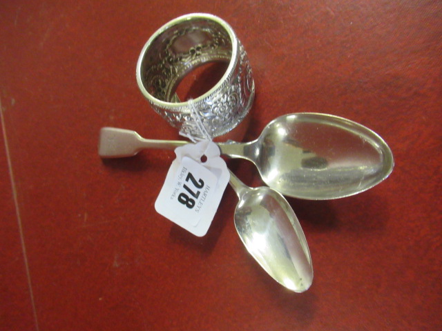 SILVER NAPKIN RING AND TWO SPOONS Image