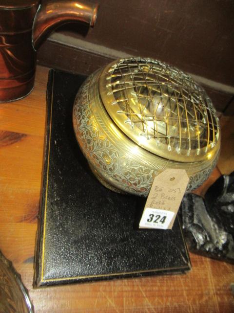 TWO BRASS ROSE BOWLS AND A CASE OF SERVING SPOONS Image