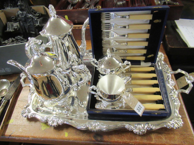 METAL TEA SET AND TRAY WITH EPNS CUTLERY Image