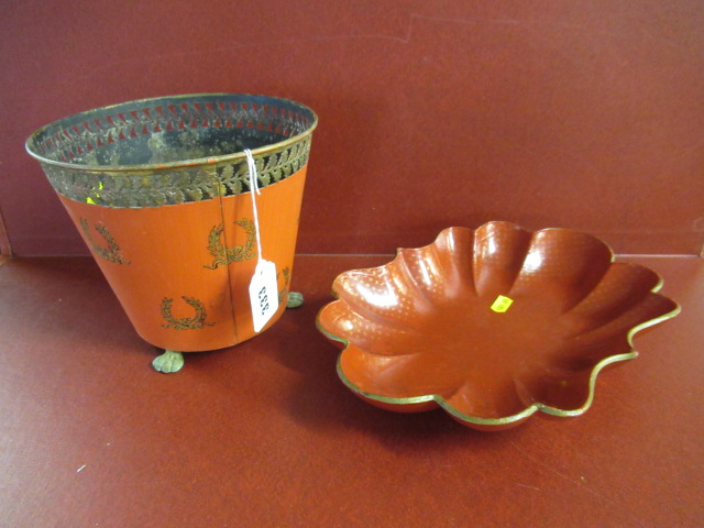 RED TOLEWARE PLANTER AND PAPIER MACHE DISH Image