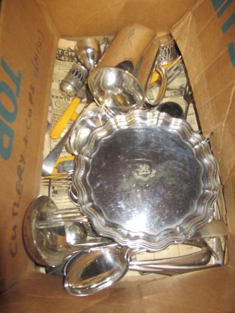 BOX OF EPNS INCLUDING FLATWARE AND SALVER Image