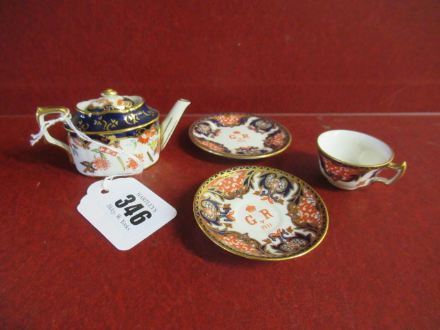 GEORGE V CORONATION ROYAL CROWN DERBY TRIO 1911 AND LATER MATCHING TEAPOT AND SUCRIER 1940 Image