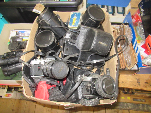 BOX OF THREE VINTAGE CAMERAS AND LENSES ETC Image