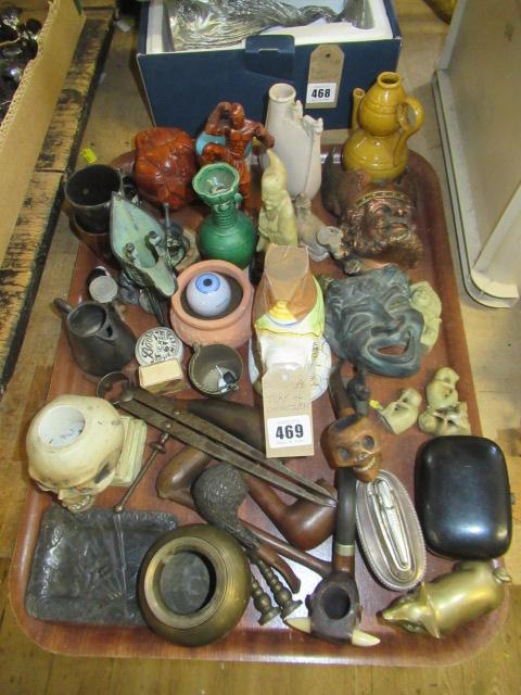 TRAY OF COLLECTABLES INCLUDING SKULL MATCH HOLDER Image