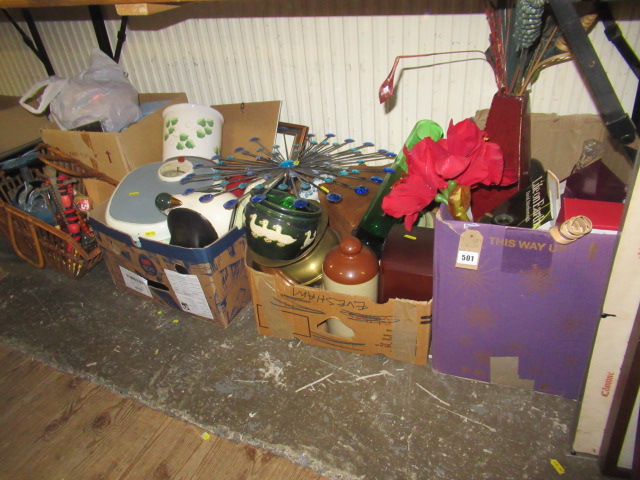 FOUR BOXES AND A BASKET OF MISCELLANEOUS INCLUDING WEIGHING SCALES Image
