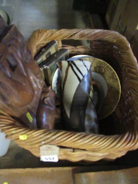 BASKET OF MISCELLANEOUS INCLUDING STONEWARE JUG AND FRAMED PICTURES Image