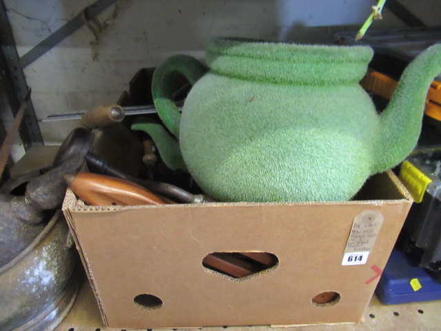 BOX OF TOOLS INCLUDING TWO GARDEN TEAPOT PLANTERS Image