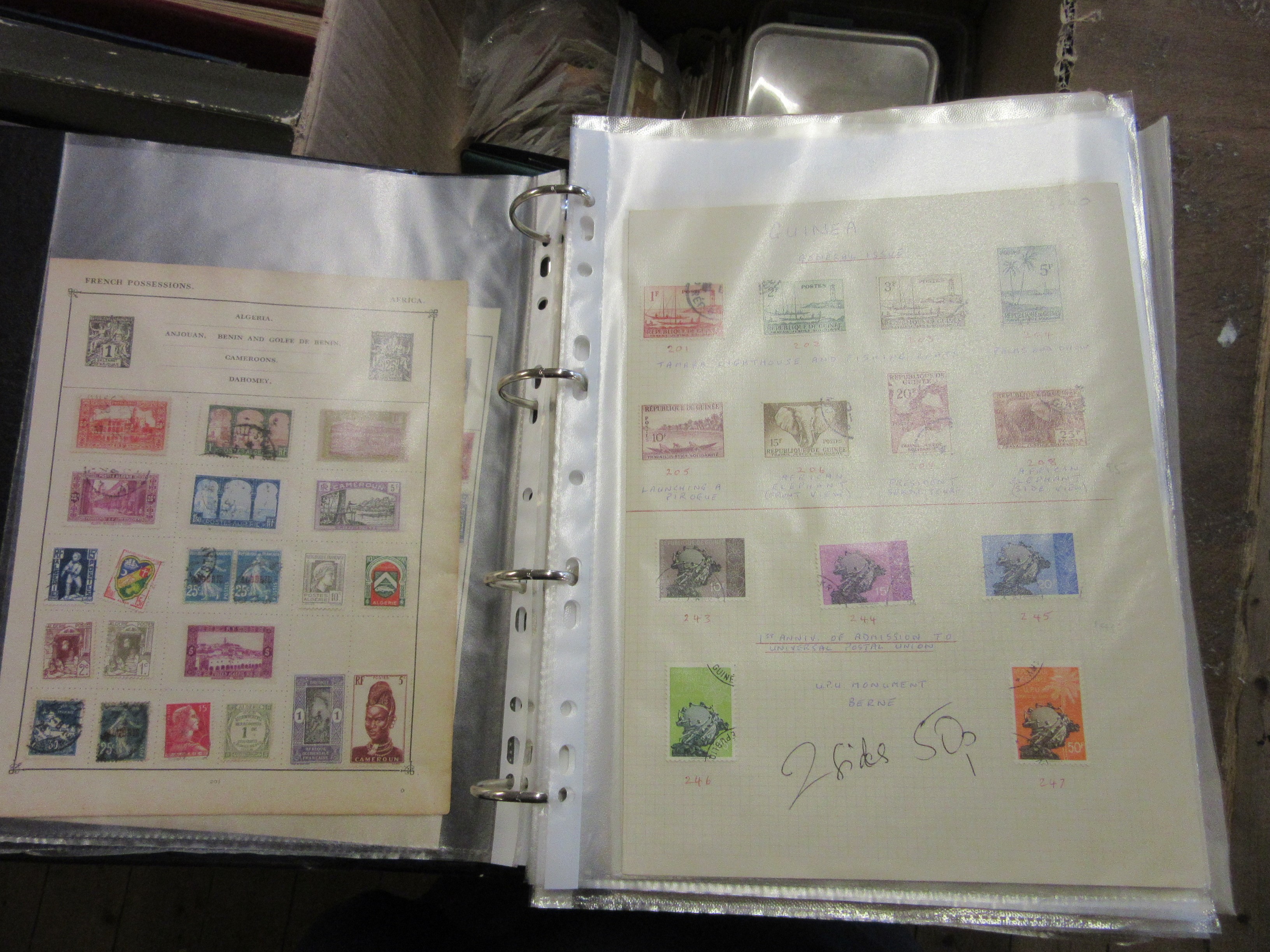 BOX OF STAMP ALBUMS, LOOSE STAMPS AND RELATED MATERIALS Image