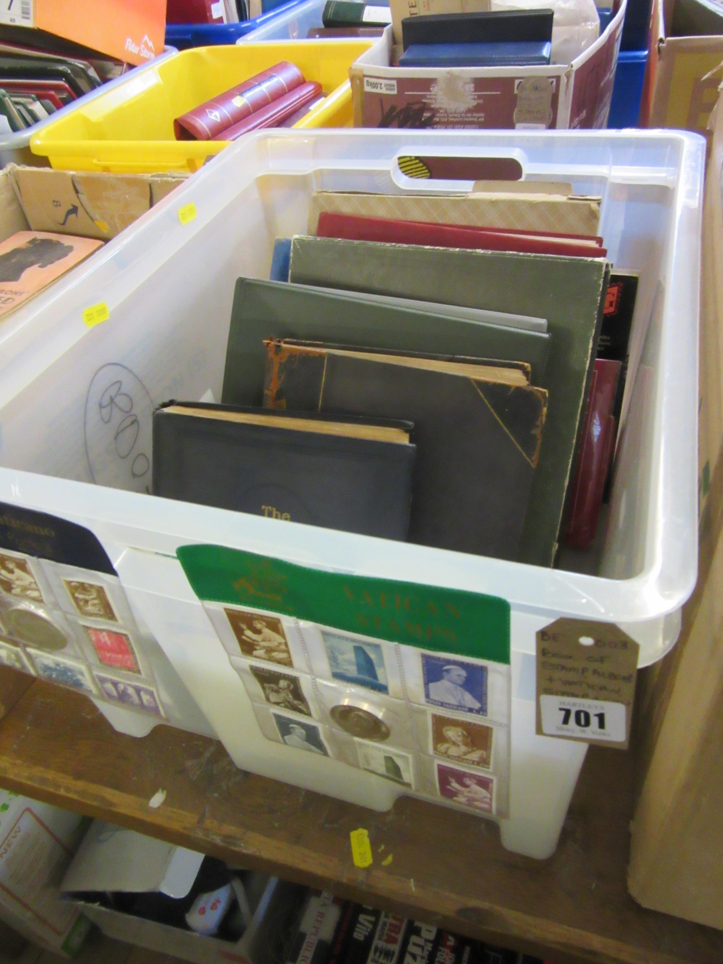 BOX OF STAMP ALBUMS WITH VATICAN STAMP AND COIN SETS Image