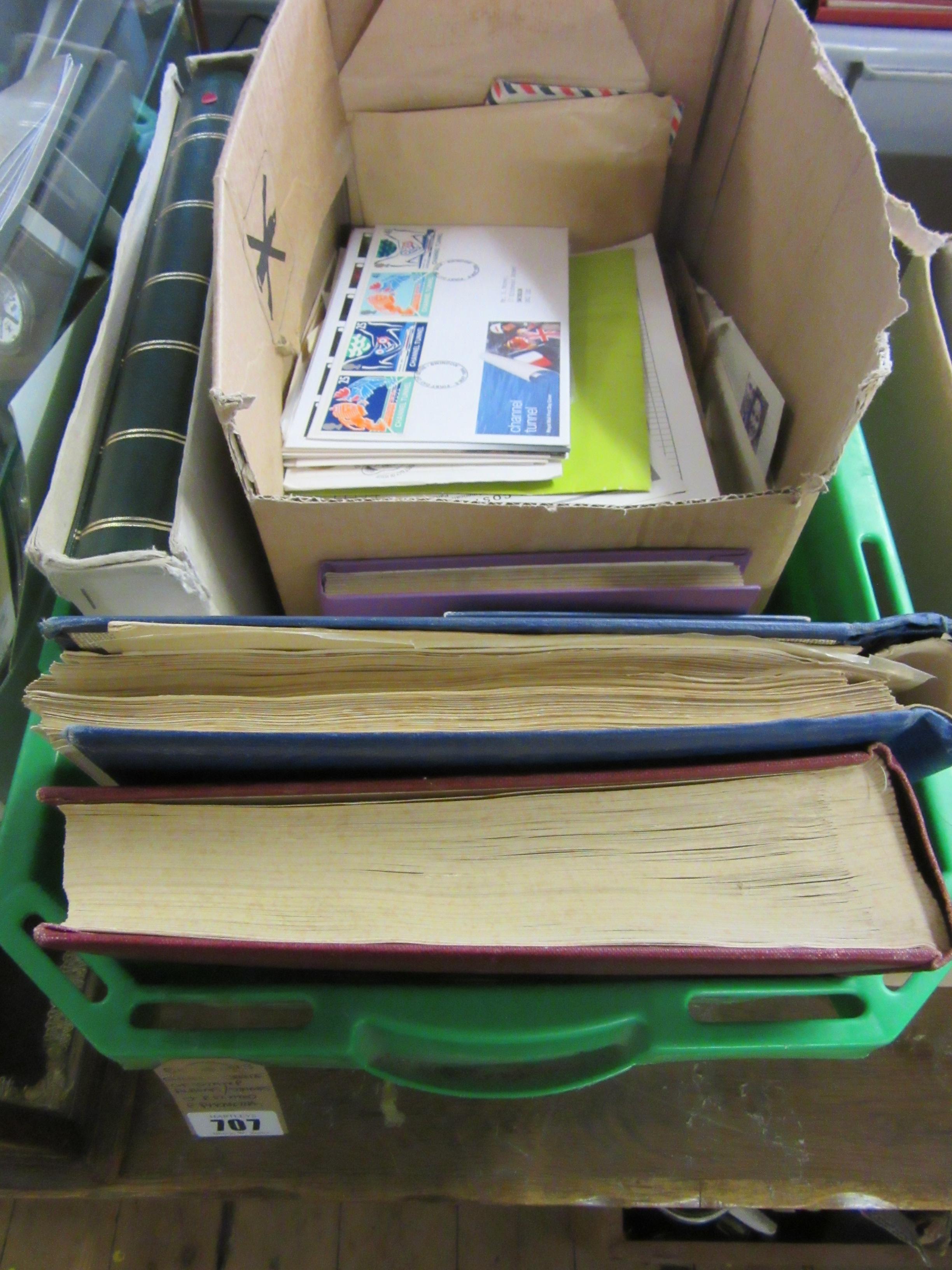 GREEN CRATE OF STAMP ALBUMS, LOOSE STAMPS AND RELATED EPHEMERA Image