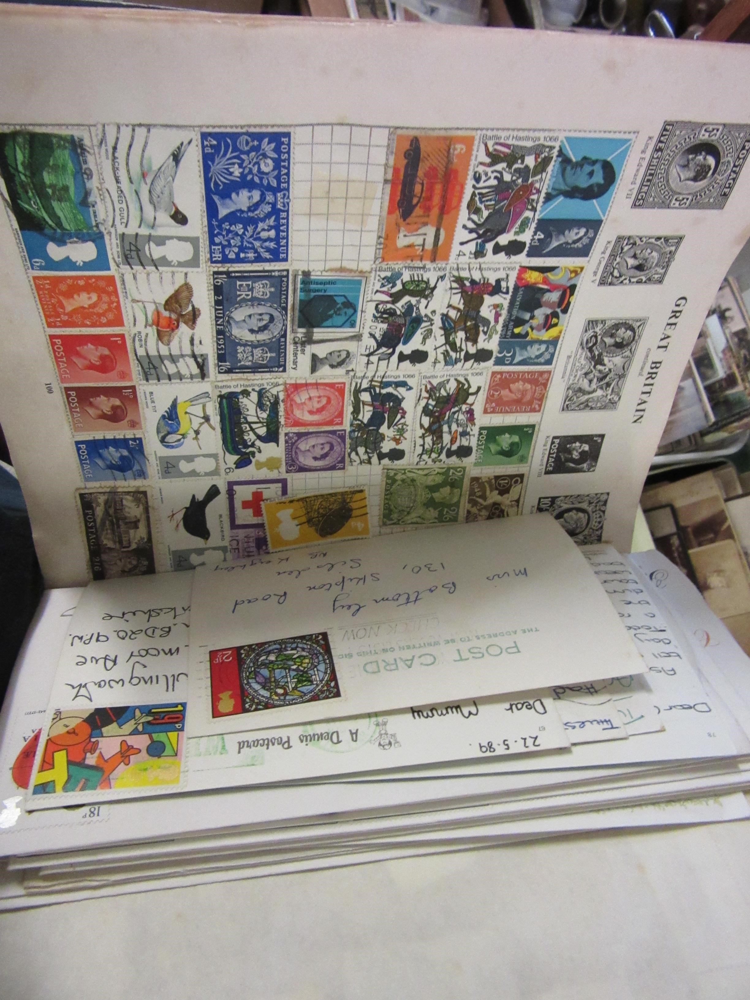 BOX OF OLD POSTCARDS WITH STAMPS Image