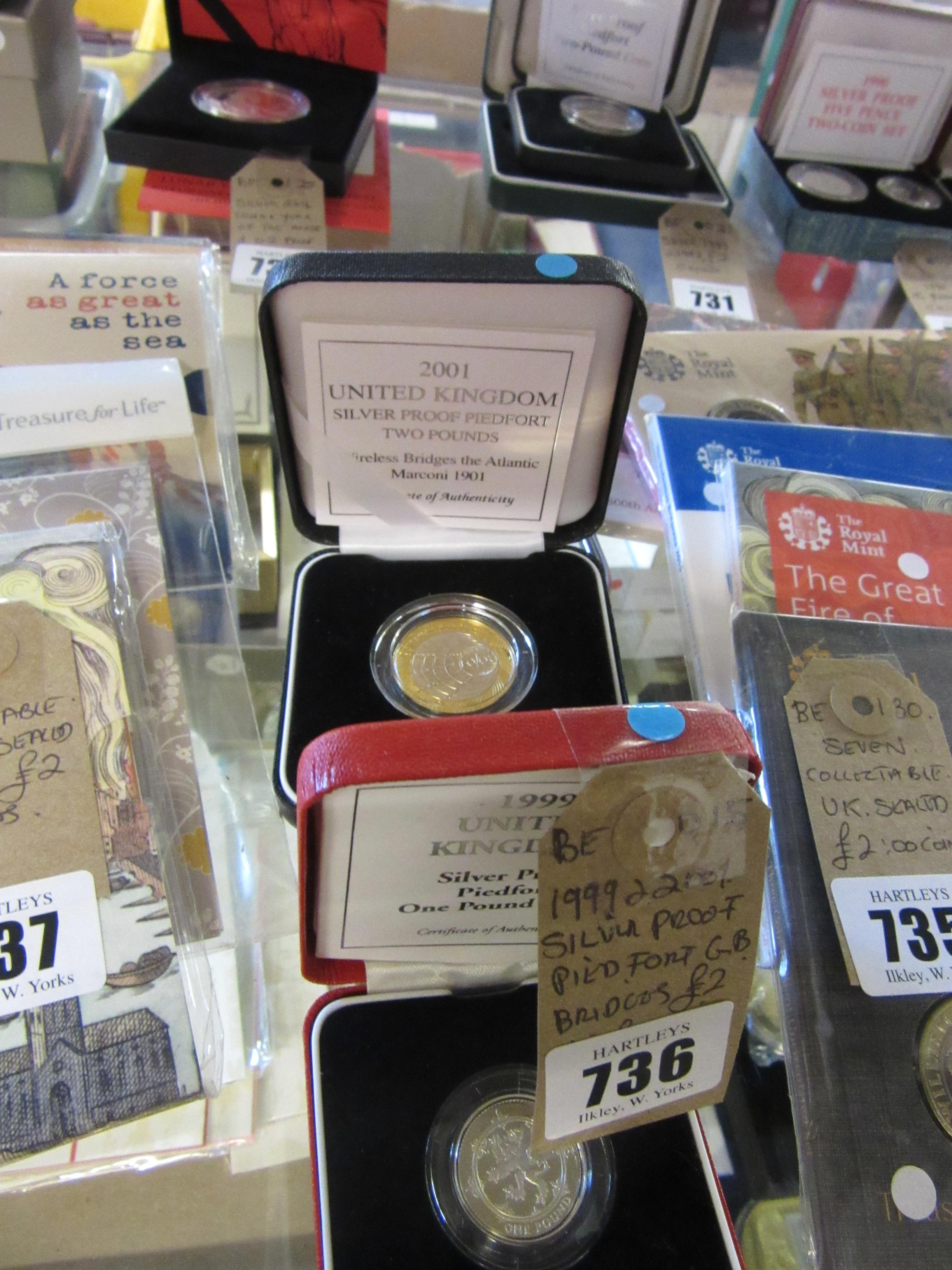 1999 AND 2001 SILVER PROOF PIEDFORT GB BRIDGES TWO POUND AND ONE POUND COINS Image