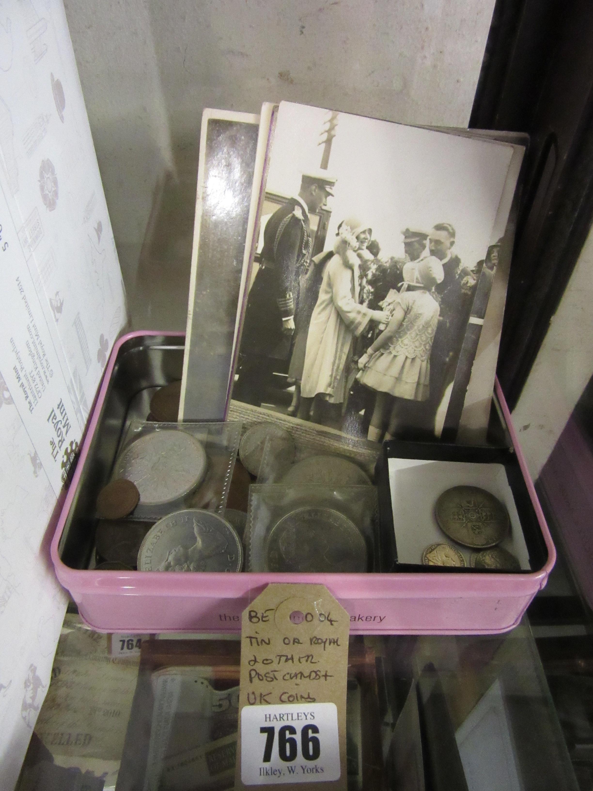TIN OF ROYAL AND OTHER POSTCARDS WITH UK COINS INCLUDING SILVER Image