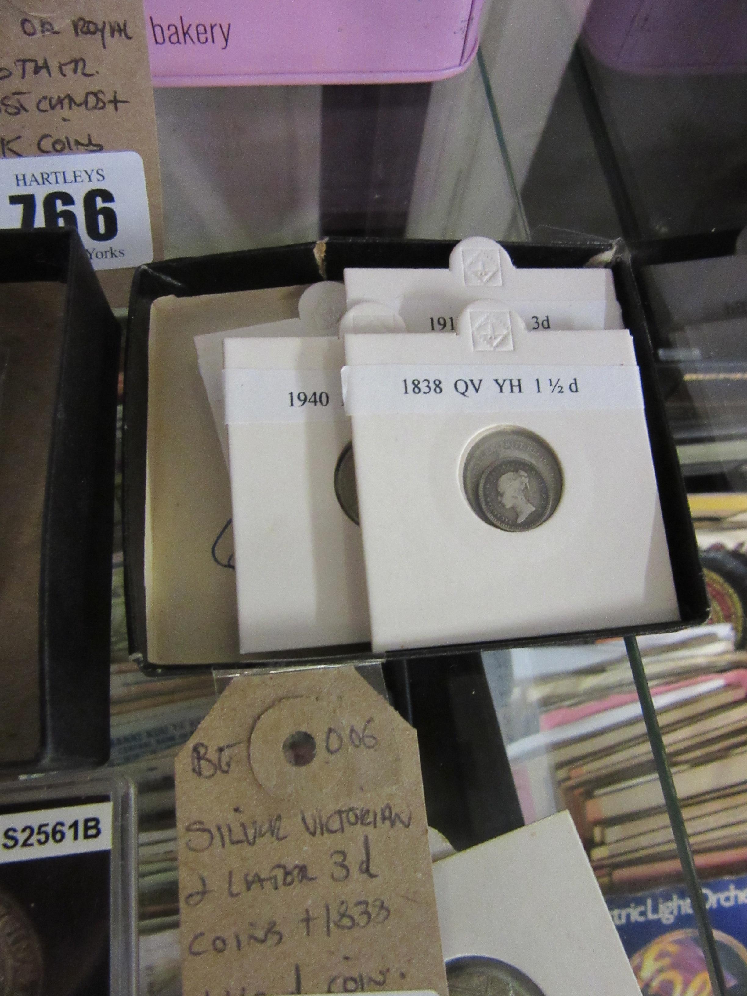 SILVER VICTORIAN AND LATER THREEPENCES WITH 1838 ONE AND A HALFPENNY COIN Image