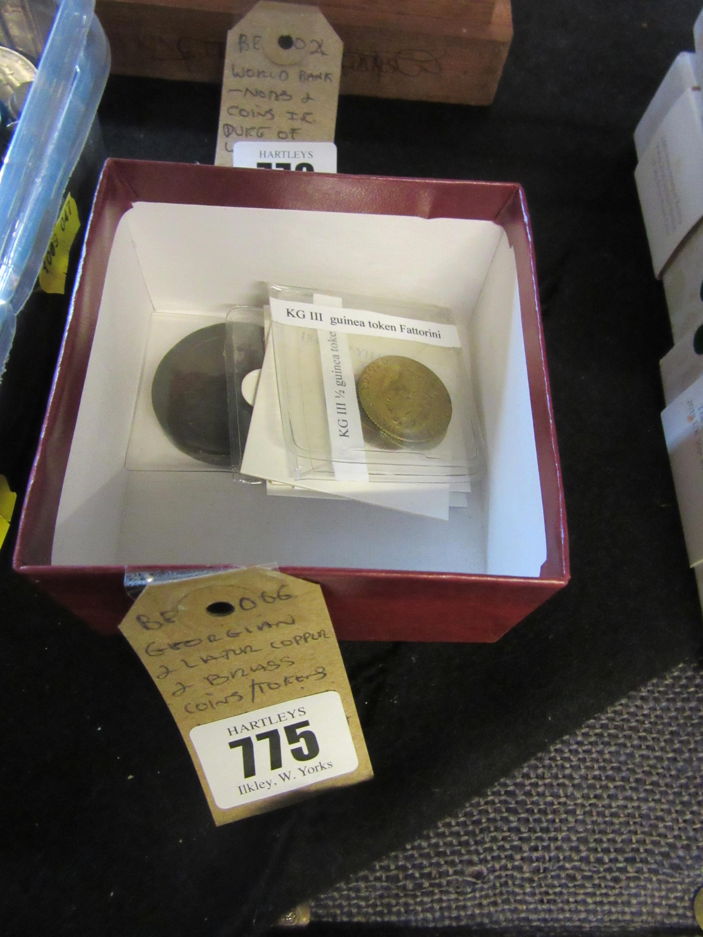 GEORGIAN AND LATER COPPER/BRASS COINS/TOKENS INCLUDING FATORINI GAMING GUINEA Image