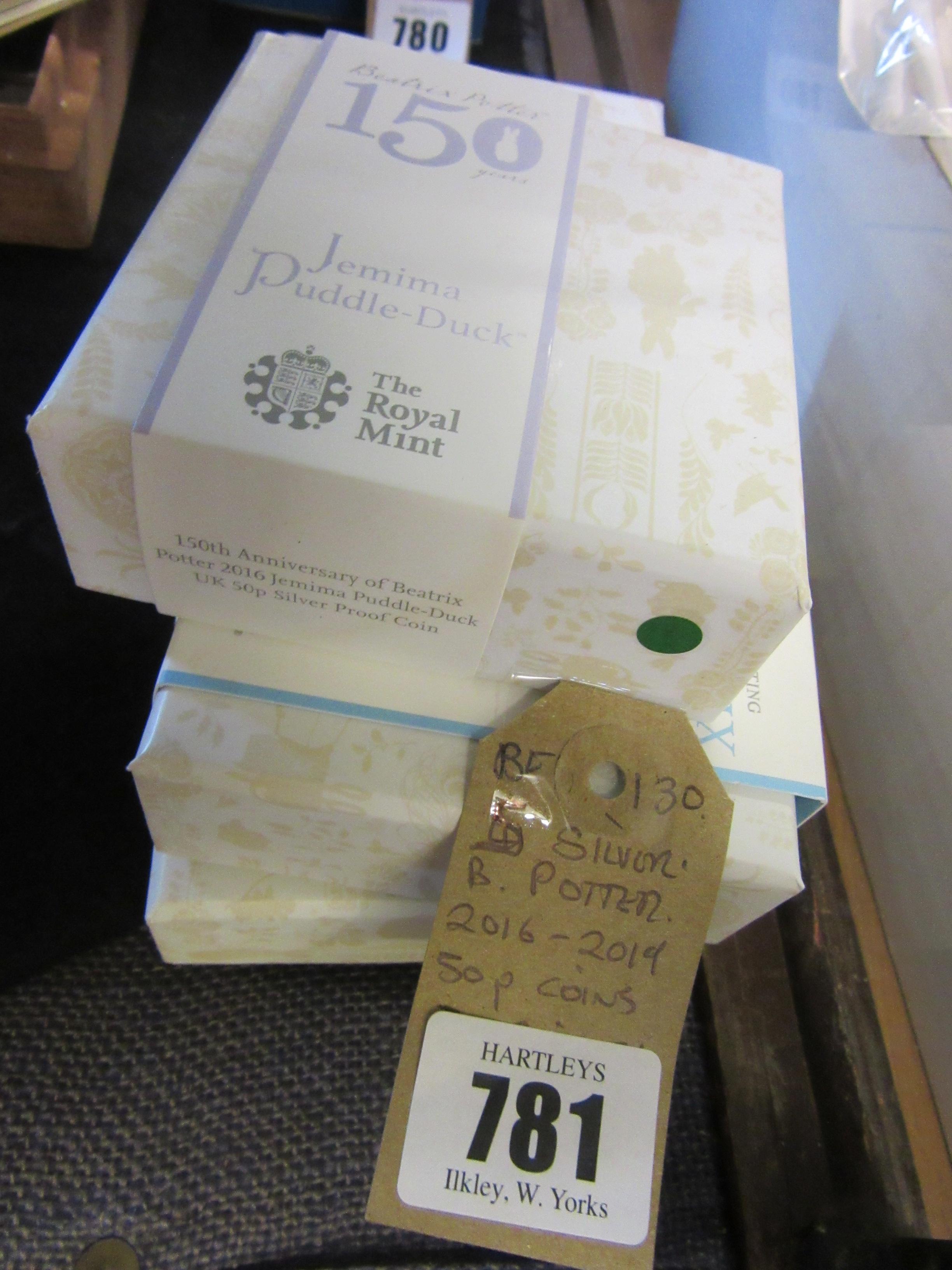 FIVE SILVER BEATRIX POTTER 2016-2019 FIFTY PENCE COINS INCLUDING SQUIRREL NUTKIN Image