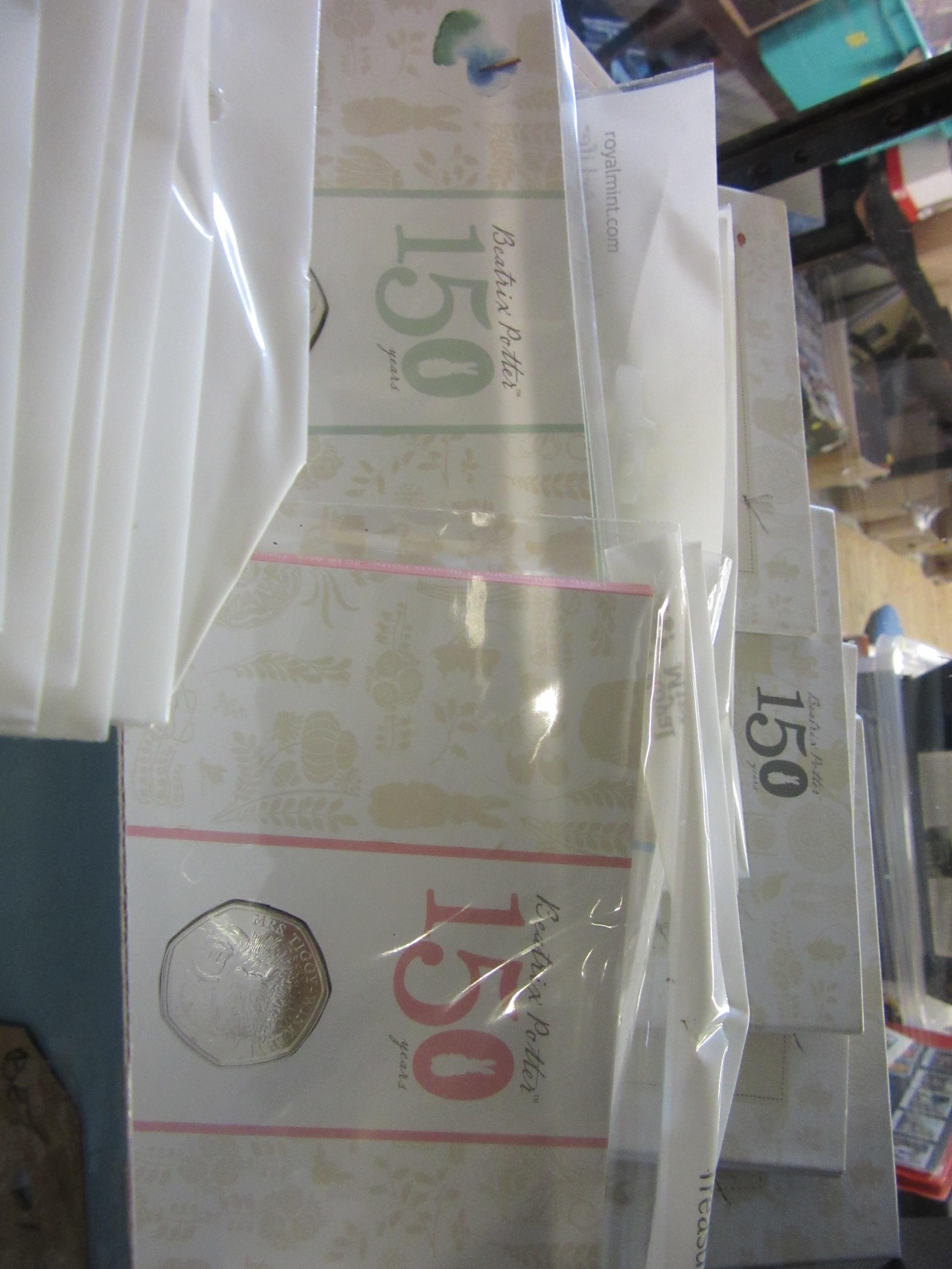 SEVEN BEATRIX POTTER PETER RABBIT SEALED FIFTY PENCE COINS WITH TWO OTHERS Image