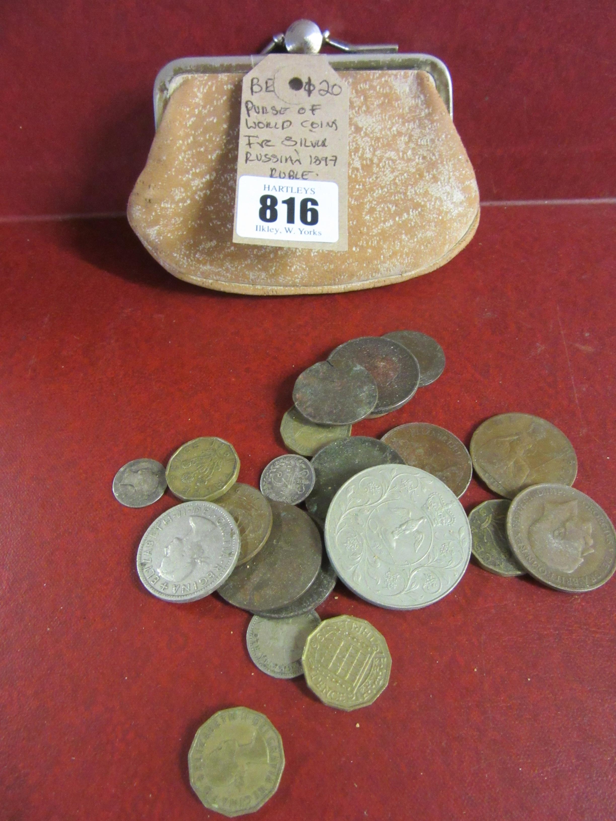 PURSE OF WORLD COINS INCLUDING SILVER RUSSIAN 1897 ROUBLE Image