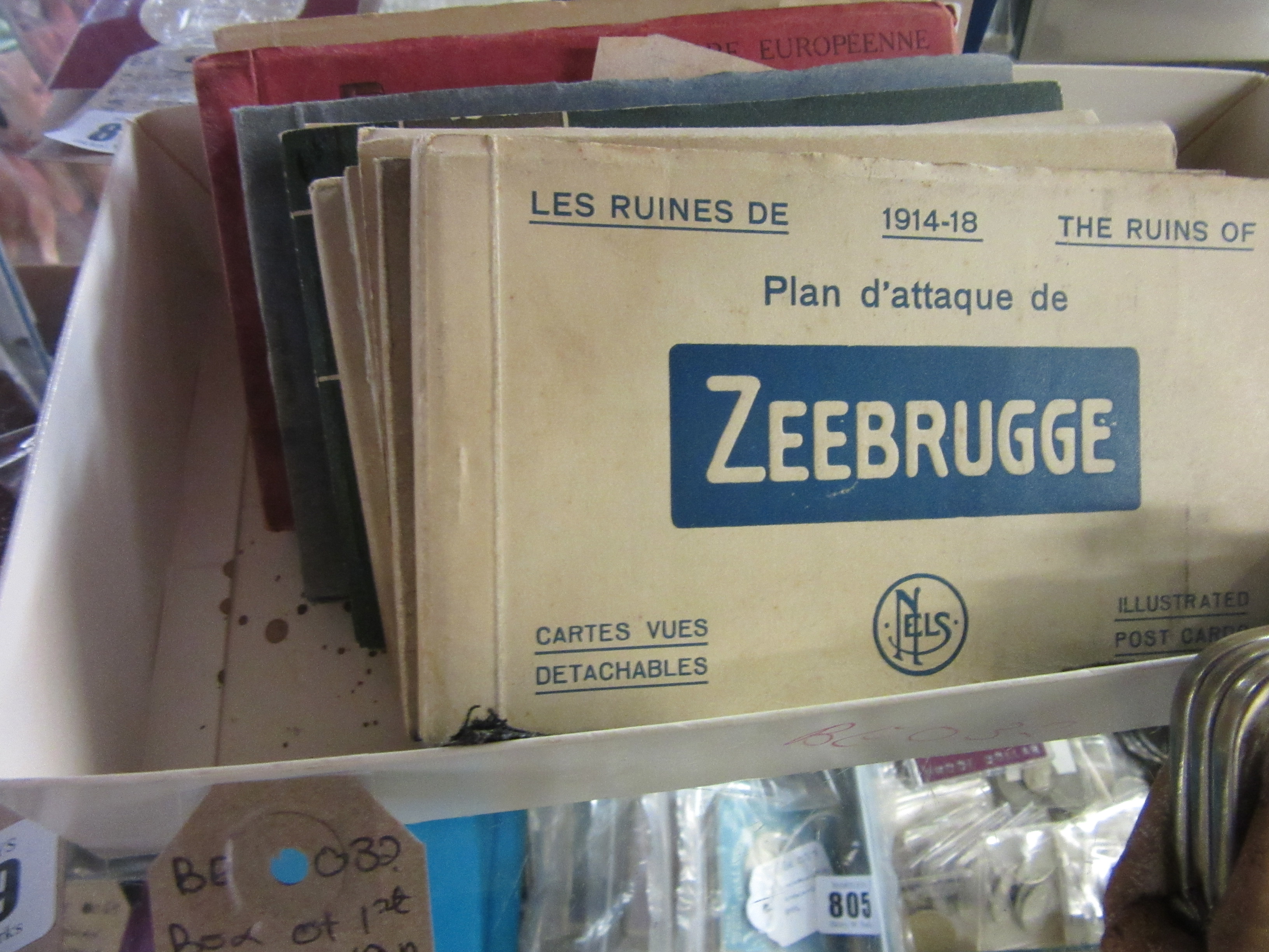 BOX OF WW1 ERA POSTCARDS AND TRENCH ART CROSS WITH WW2 RAF INSIGNIA Image