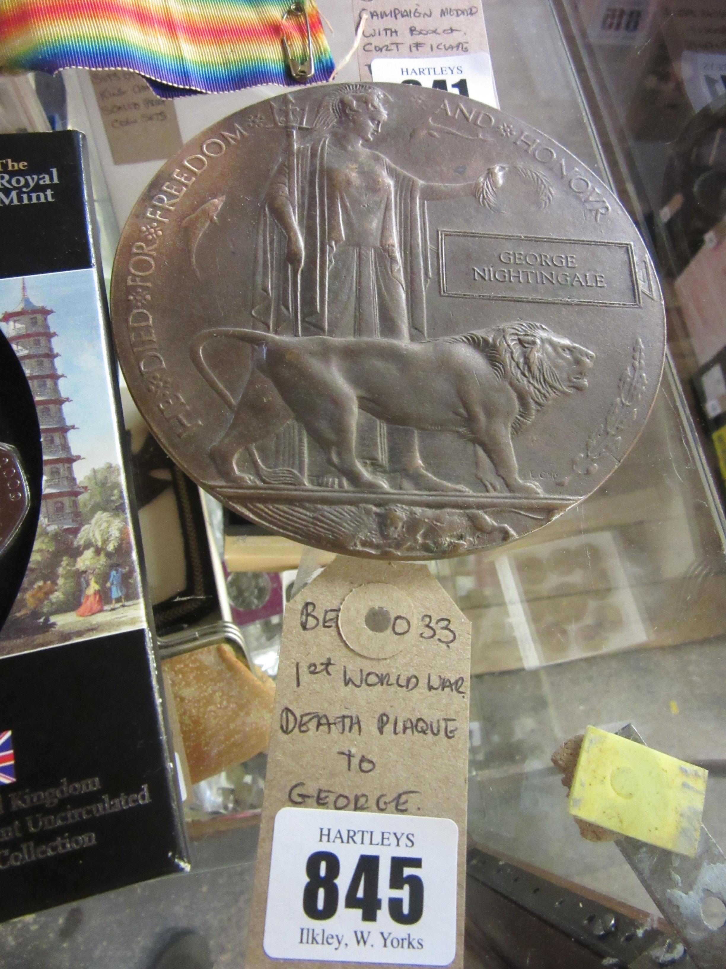 WWI DEATH PLAQUE TO GEORGE NIGHTINGALE Image