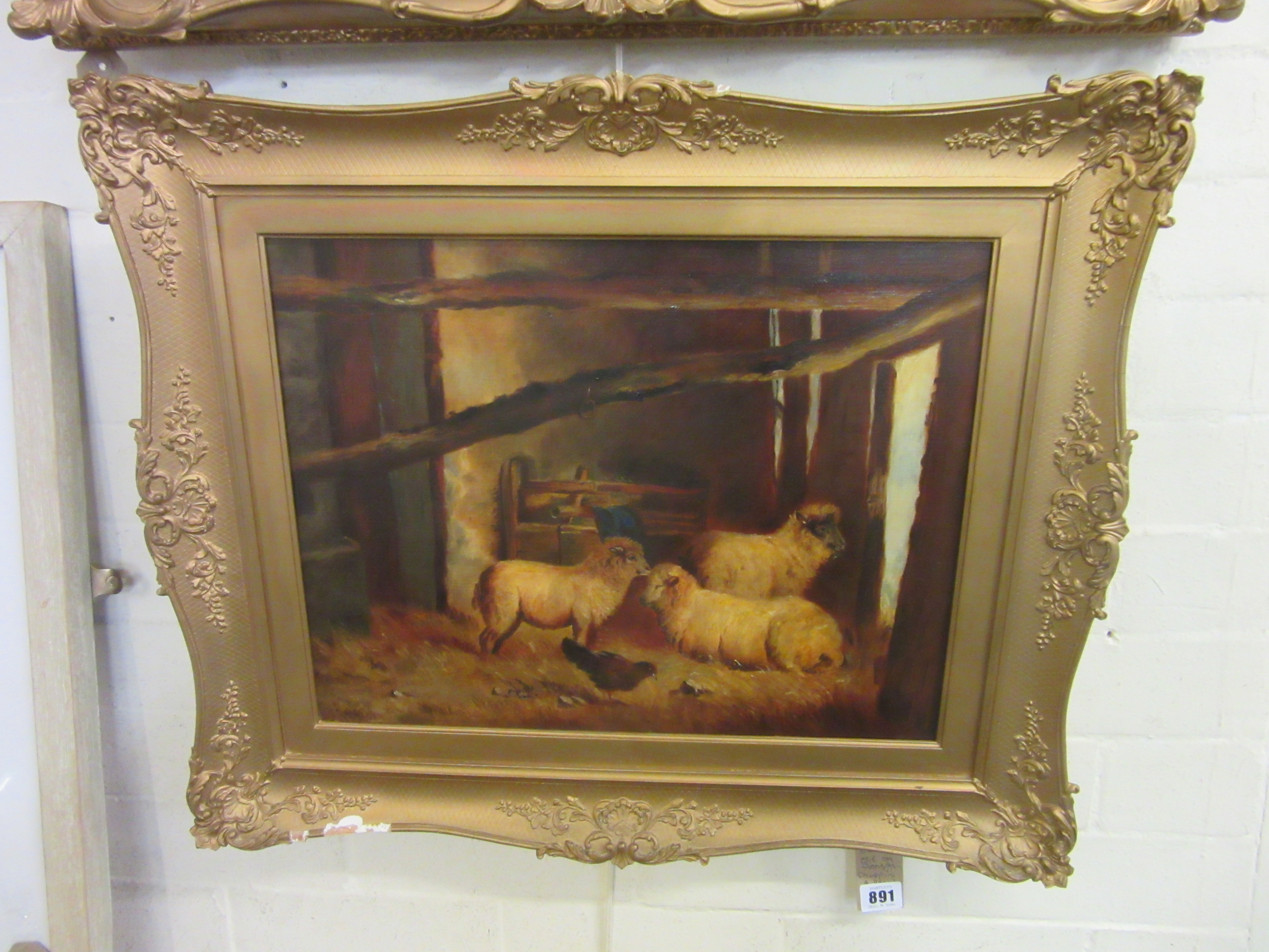 OIL ON CANVAS SHEEP IN A BARN Image