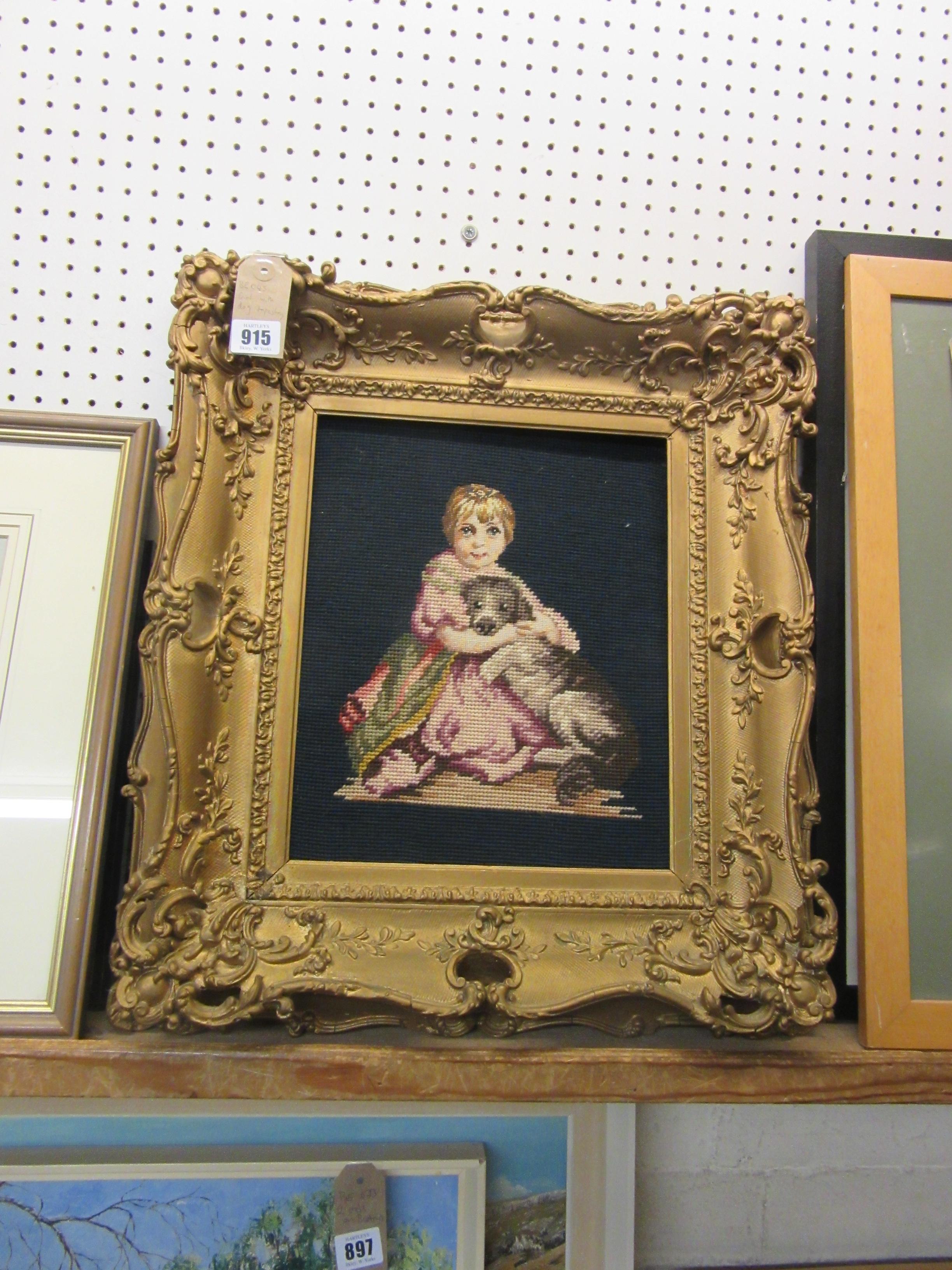 GIRL WITH DOG TAPESTRY IN ORNATE GILT FRAME Image