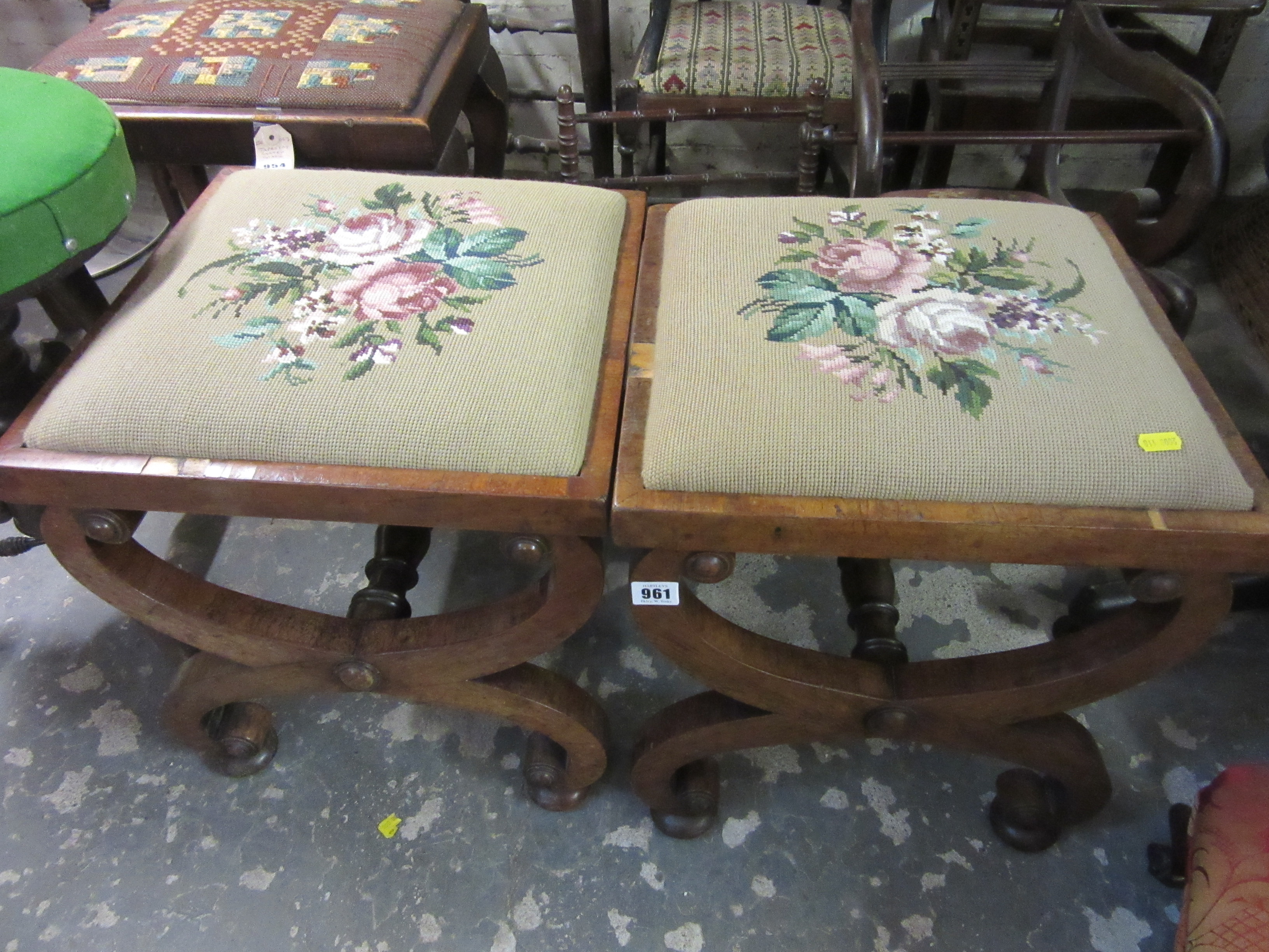 PAIR OF CROSS FRAMED STOOLS WITH BUN FEET Image