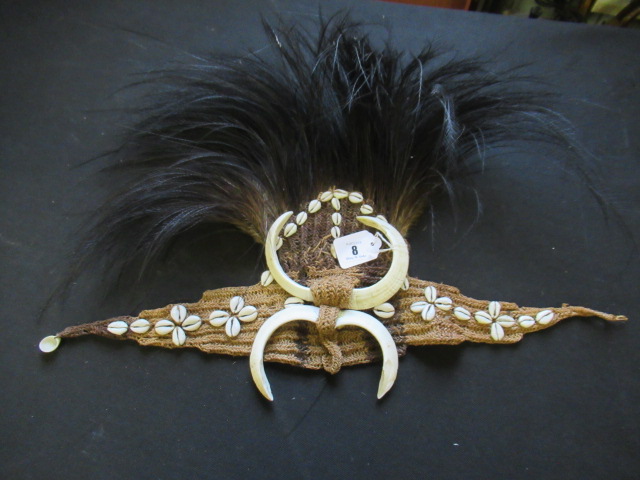 Ceremonial head dress with boar tusks and cassowary feathers from papua ...