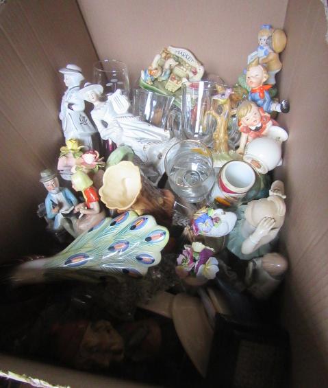BOX OF CERAMICS  ORNAMENTS AND GLASS Image