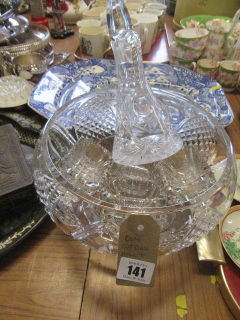 CUT GLASS BOWL  FOUR SALTS AND A VINEGAR BOTTLE Image