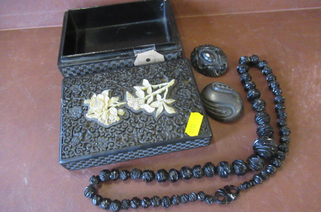 EBONY AND IVORY CARVED BOX WITH JET NECKLACE ETC Image
