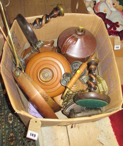 BOX OF METAL WARE AND WOODEN ITEMS ETC Image