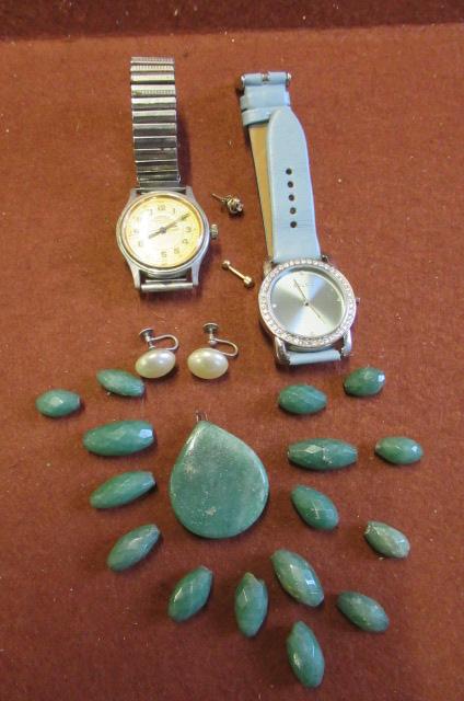 JADE STYLE BEADS  TWO WATCHES AND ODDMENTS OF GOLD EARRINGS Image