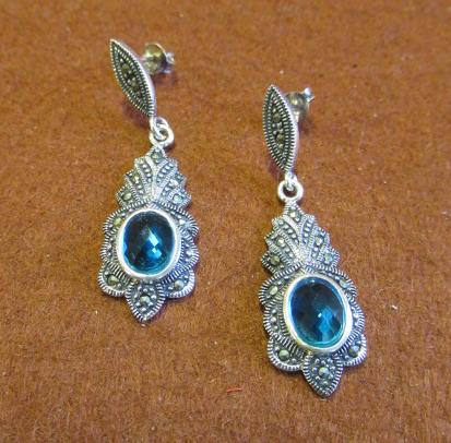 PAIR OF SILVER BLUE STONE AND MARCASITE EARRINGS Image