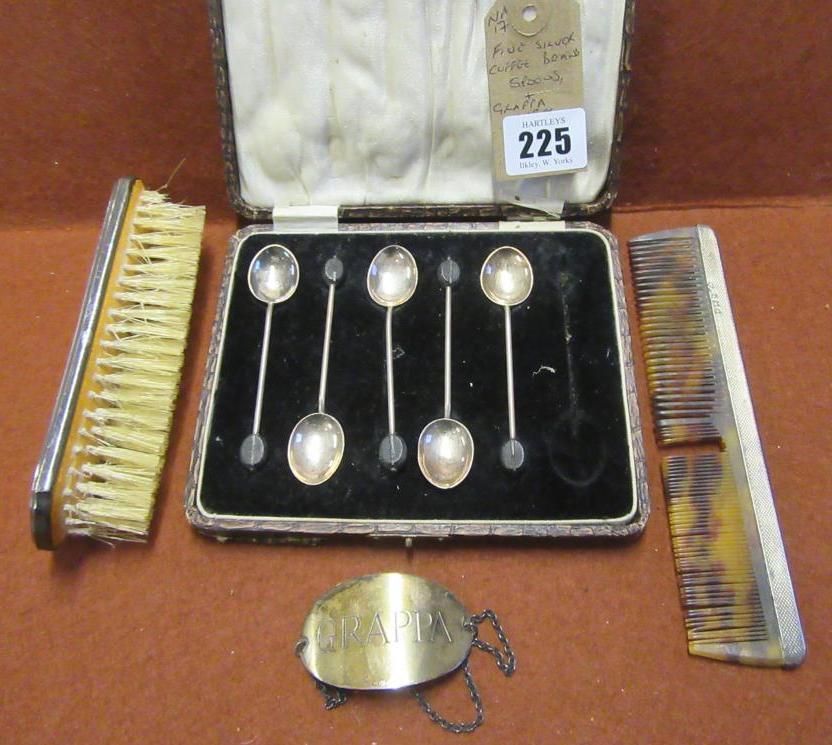 FIVE SILVER COFFEE BEAN SPOONS AND A GRAPPA LABEL Image