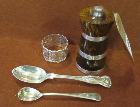 TWO SILVER SPOONS  NAPKIN RING AND SILVER BOUND GRINDER Image