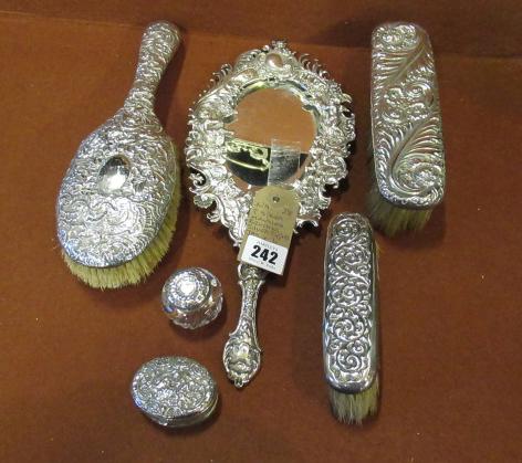 THREE SILVER MOUNTED BRUSHES  SILVER TOPPED JAR AND TWO OTHERS  (6) Image