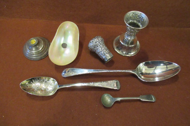TWO SILVER SPOONS AND OTHER SILVER ITEMS ETC Image